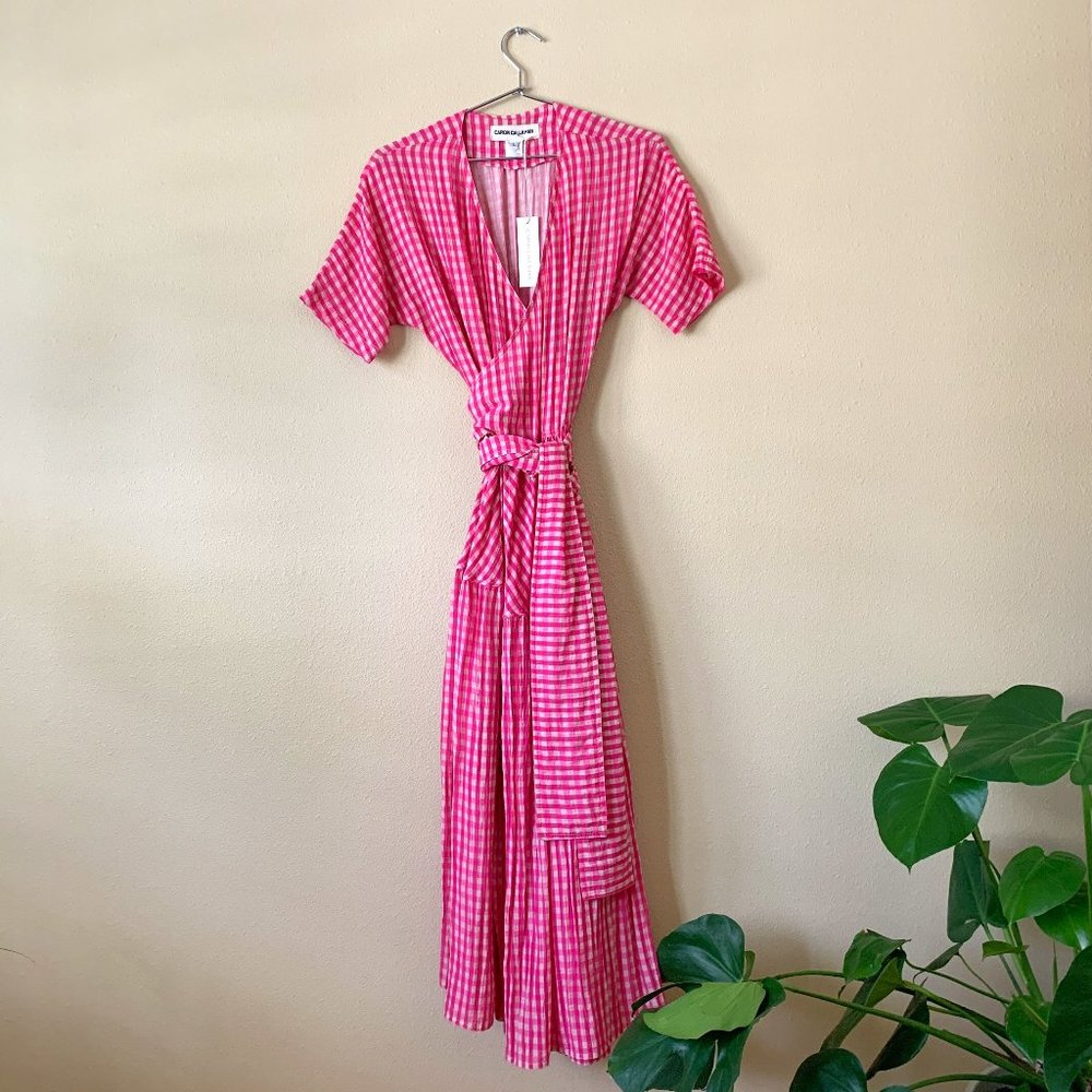 caron callahan pink gingham wrap dress / sz l (fits s m l)